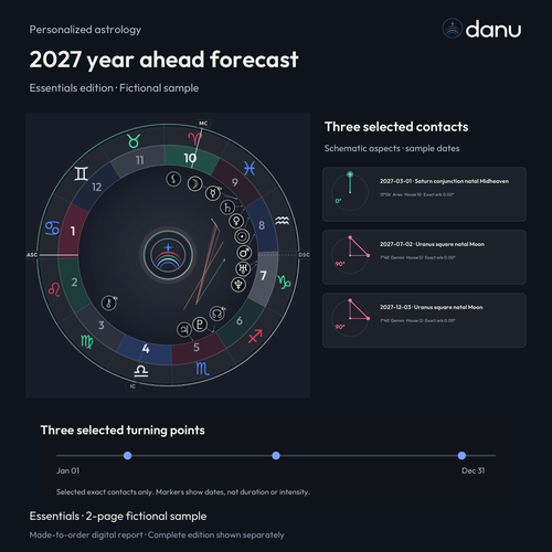 2027 year ahead astrology forecast — Essentials edition fictional sample, chart, three dated contacts and timeline