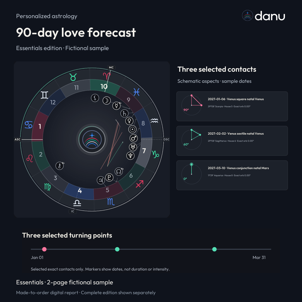 90-day love astrology forecast — Essentials fictional sample, chart-led product preview