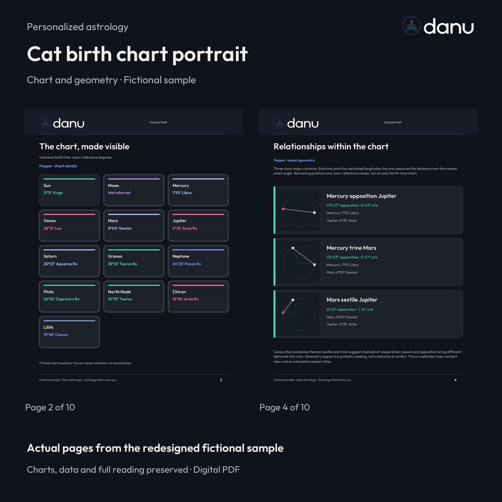 Cat birth chart portrait — Standard fictional sample, actual report pages