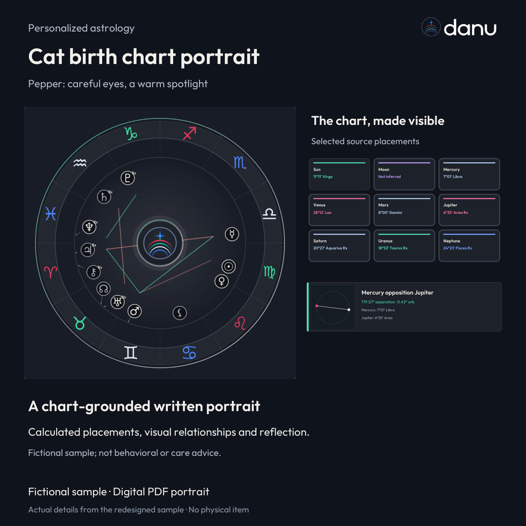 Cat birth chart portrait — Standard fictional sample, chart-led product preview