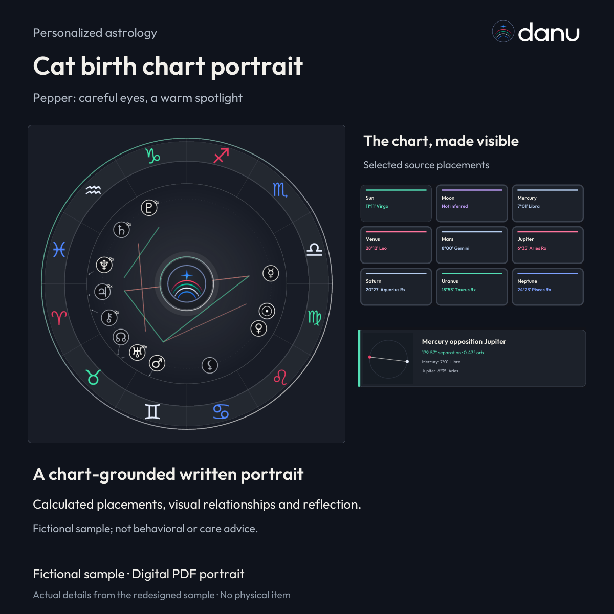 Cat birth chart portrait — Standard fictional sample, chart-led product preview