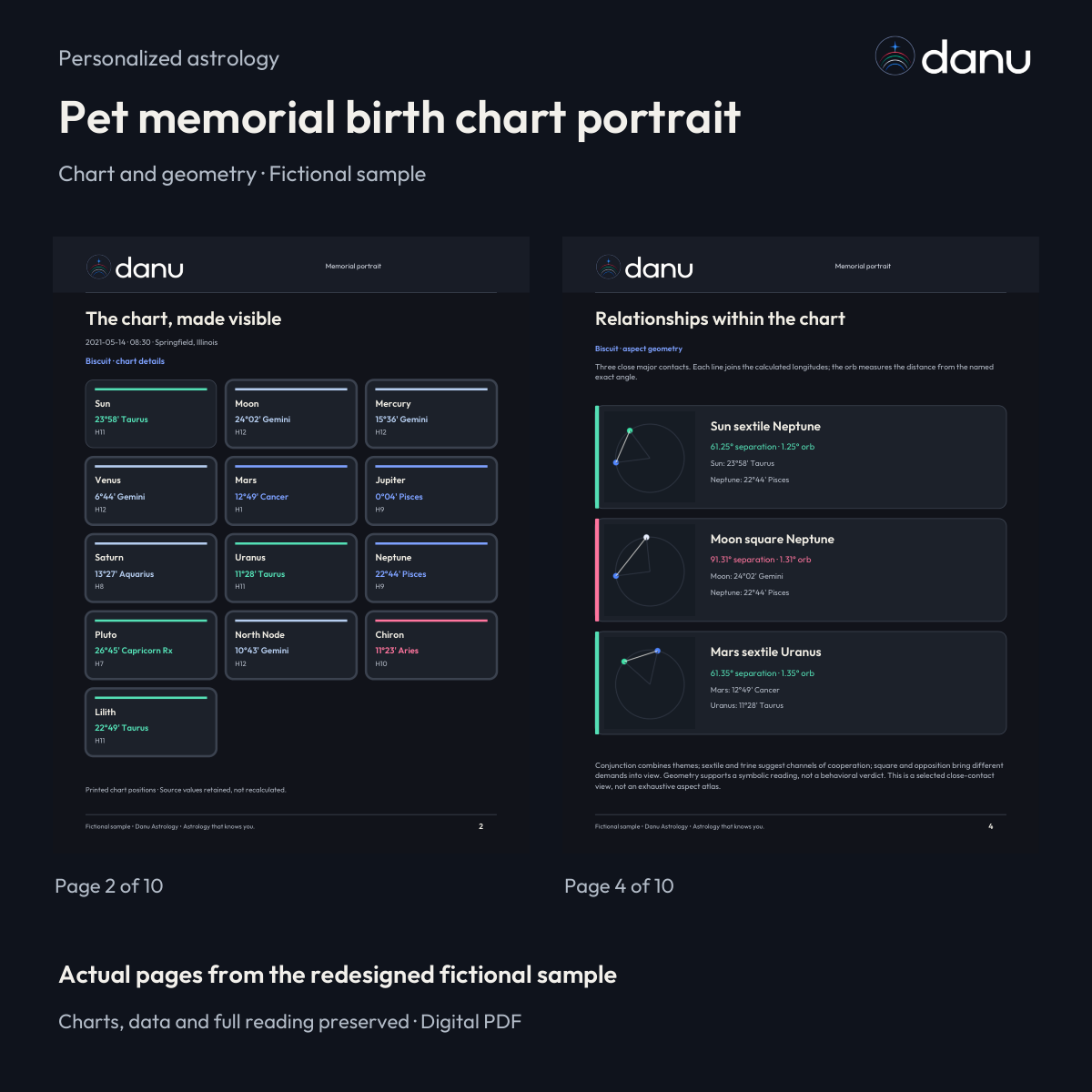 Pet memorial birth chart portrait — Standard fictional sample, actual report pages