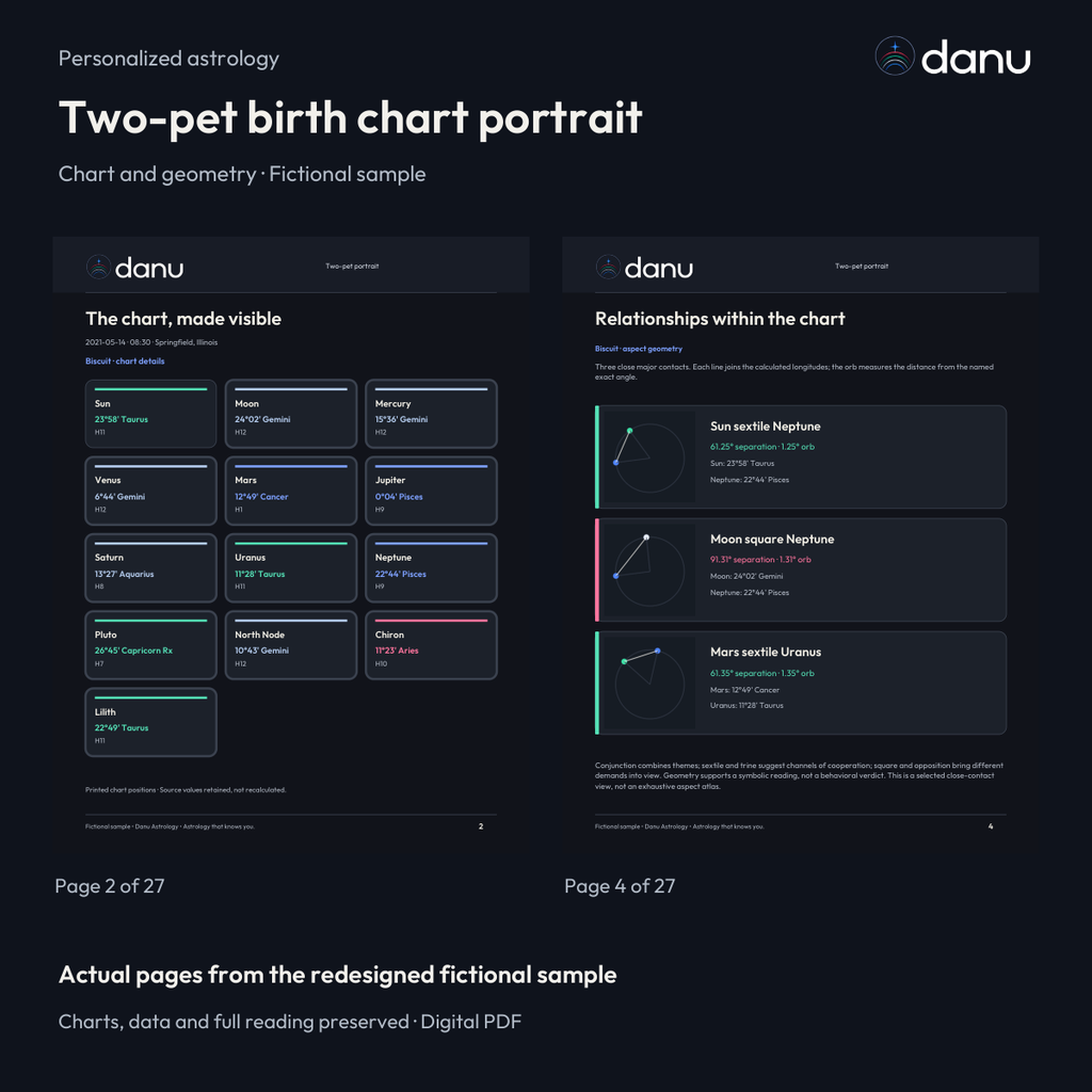 Two-pet birth chart portrait — Standard fictional sample, actual report pages