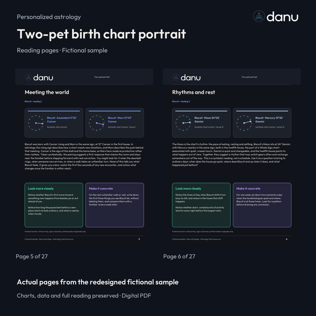 Two-pet birth chart portrait — Standard fictional sample, clearly labeled edition or reading pages