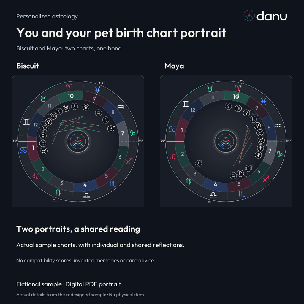 You and your pet birth chart portrait — Standard fictional sample, chart-led product preview