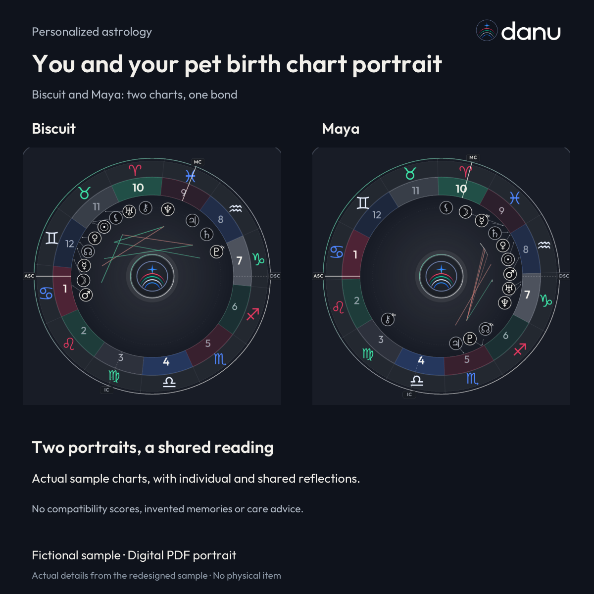 You and your pet birth chart portrait — Standard fictional sample, chart-led product preview