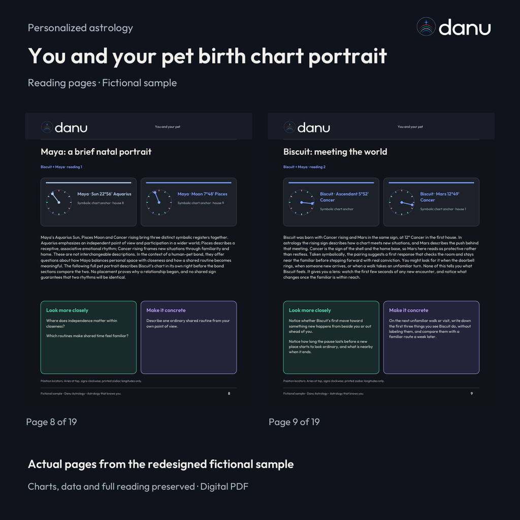 You and your pet birth chart portrait — Standard fictional sample, clearly labeled edition or reading pages
